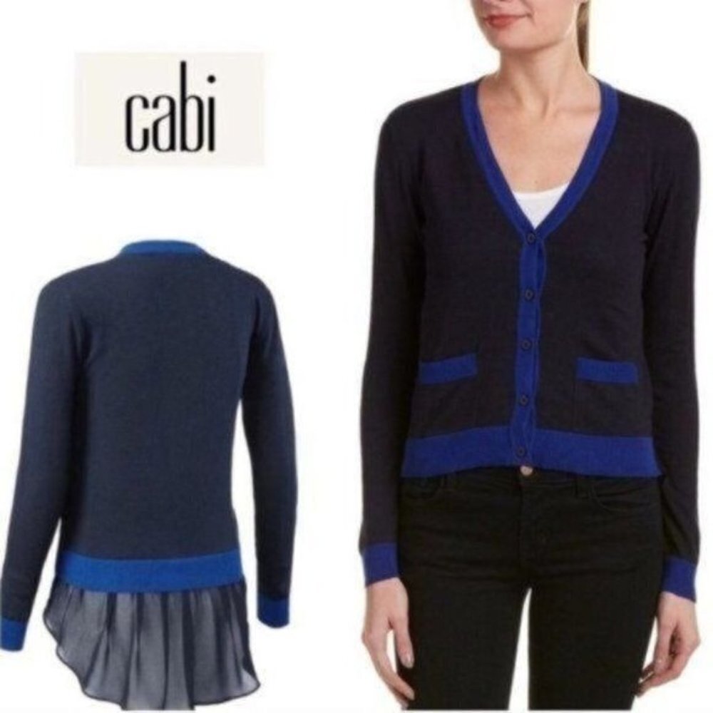 Cabi Cardigan Navy Michelle Cardigan Sweater 5016 High Low Hem Pleated Back Sz S